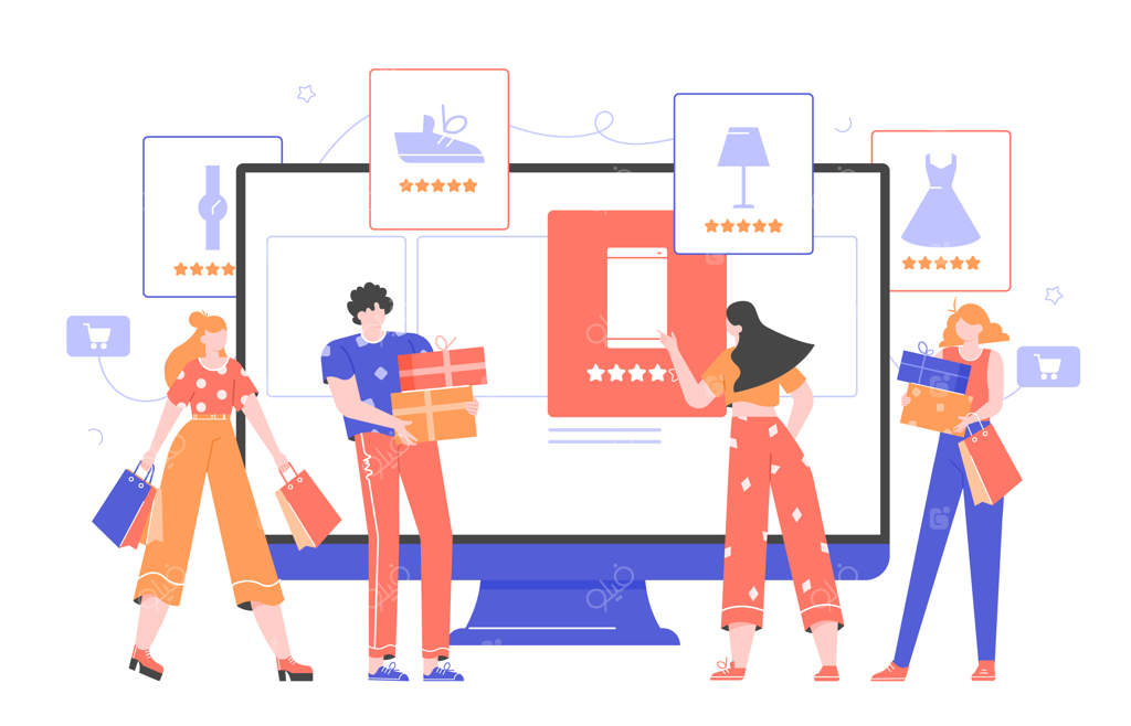 خرید آنلاین و تجارت الکترونیک: فروشگاه اینترنتی و کارت‌های محصول با رتبه‌بندی کالاها. دختری مشغول خرید است. خریداران با کیسه‌ها و جعبه‌های هدیه.