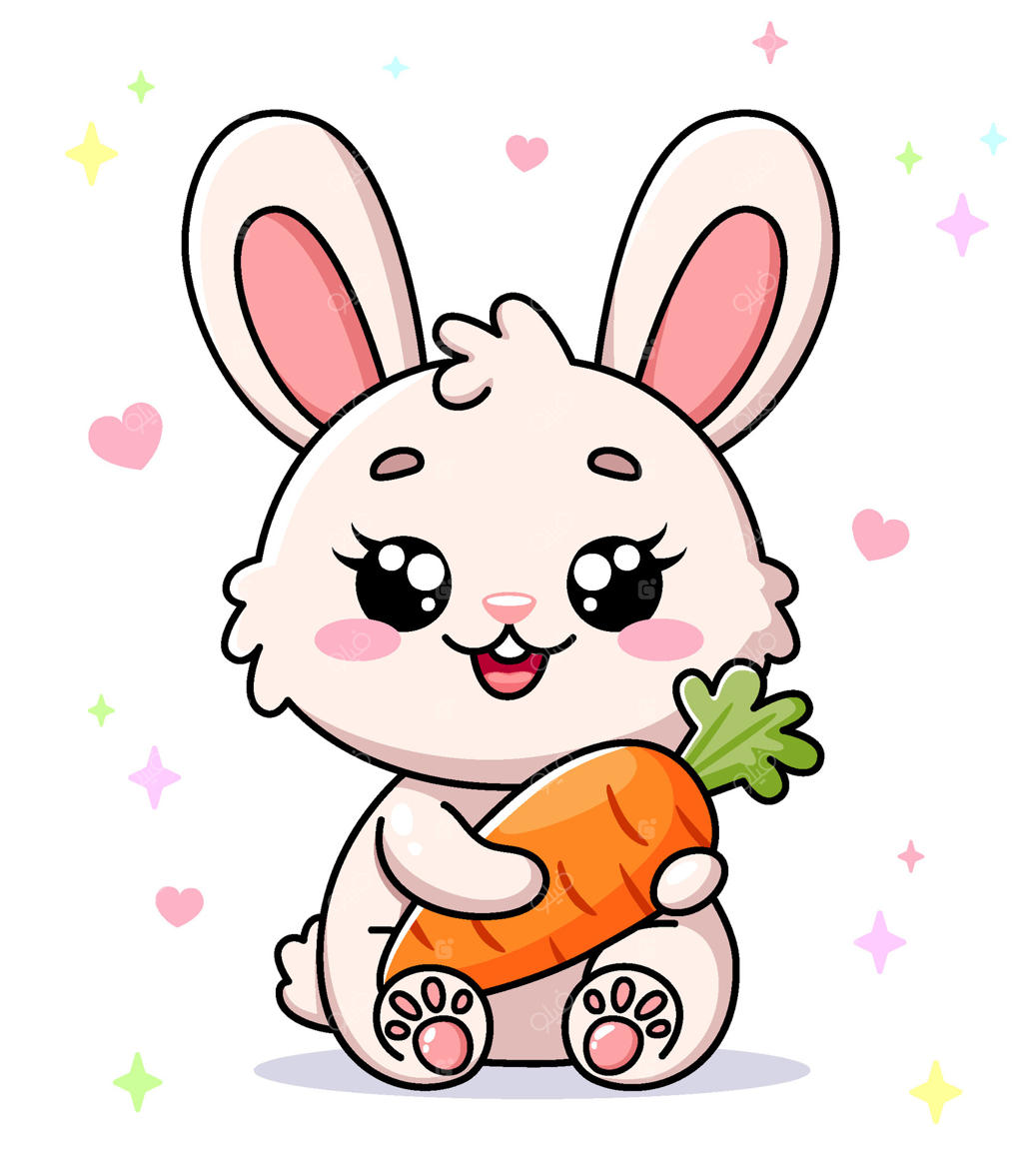 خرگوش بامزه و کاوایی با هویج: تصویر شاد برای کودکان با ستاره‌ها و قلب‌های رنگارنگ در پس‌زمینه، تصویر بر روی زمینه سفید قرار دارد.