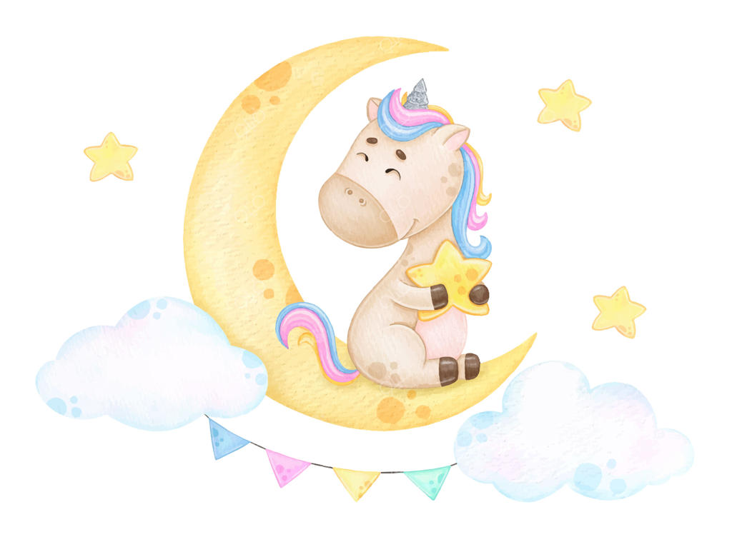 تصویر آبرنگی بامزه یونیکورن رنگین‌کمانی نشسته بر ماه کودکانه