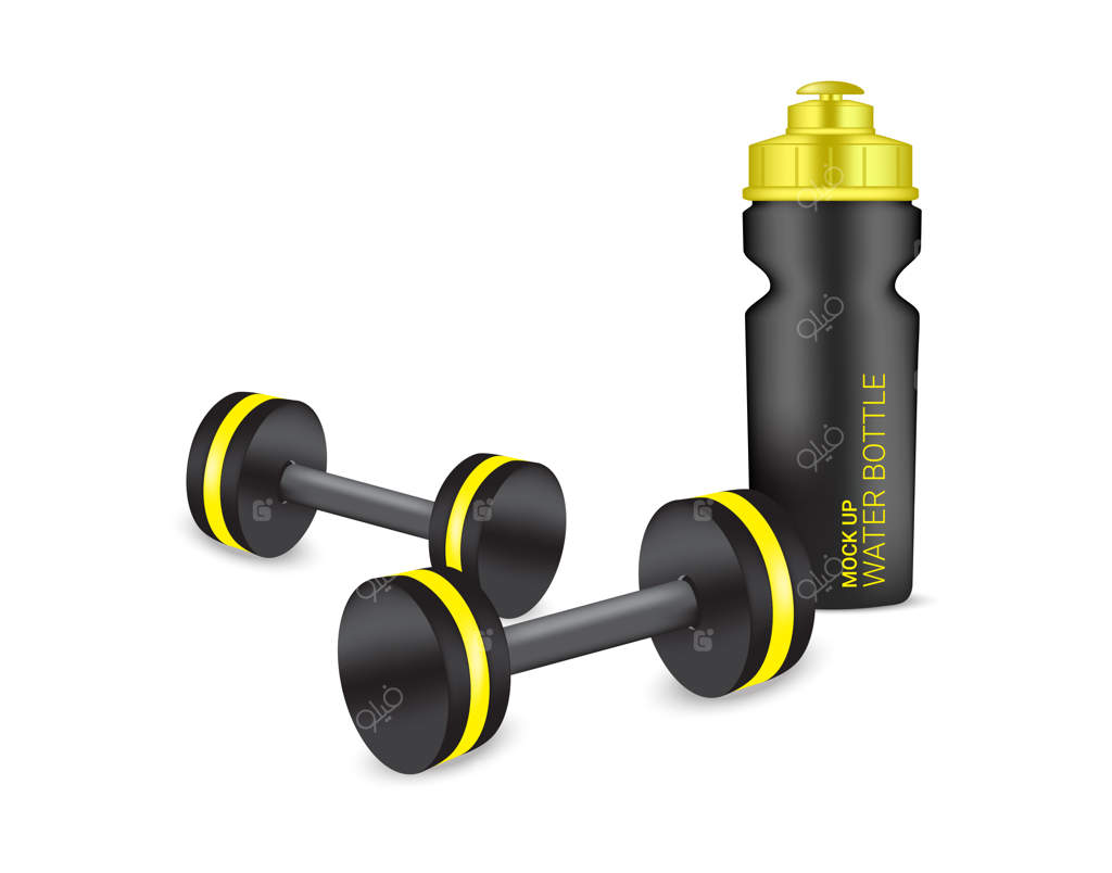 بطری شیکر پلاستیکی سه‌بعدی و دمبل وکتوری با آب و نوشیدنی. طراحی مفهومی از سلامت و ورزش.