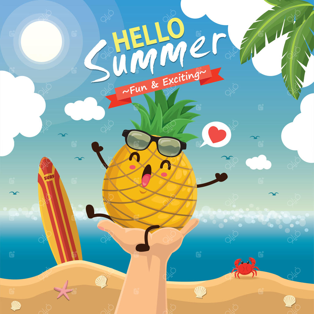 طراحی پوستر تابستانی وینتیج با کاراکترهای آناناس و عینک آفتابی.