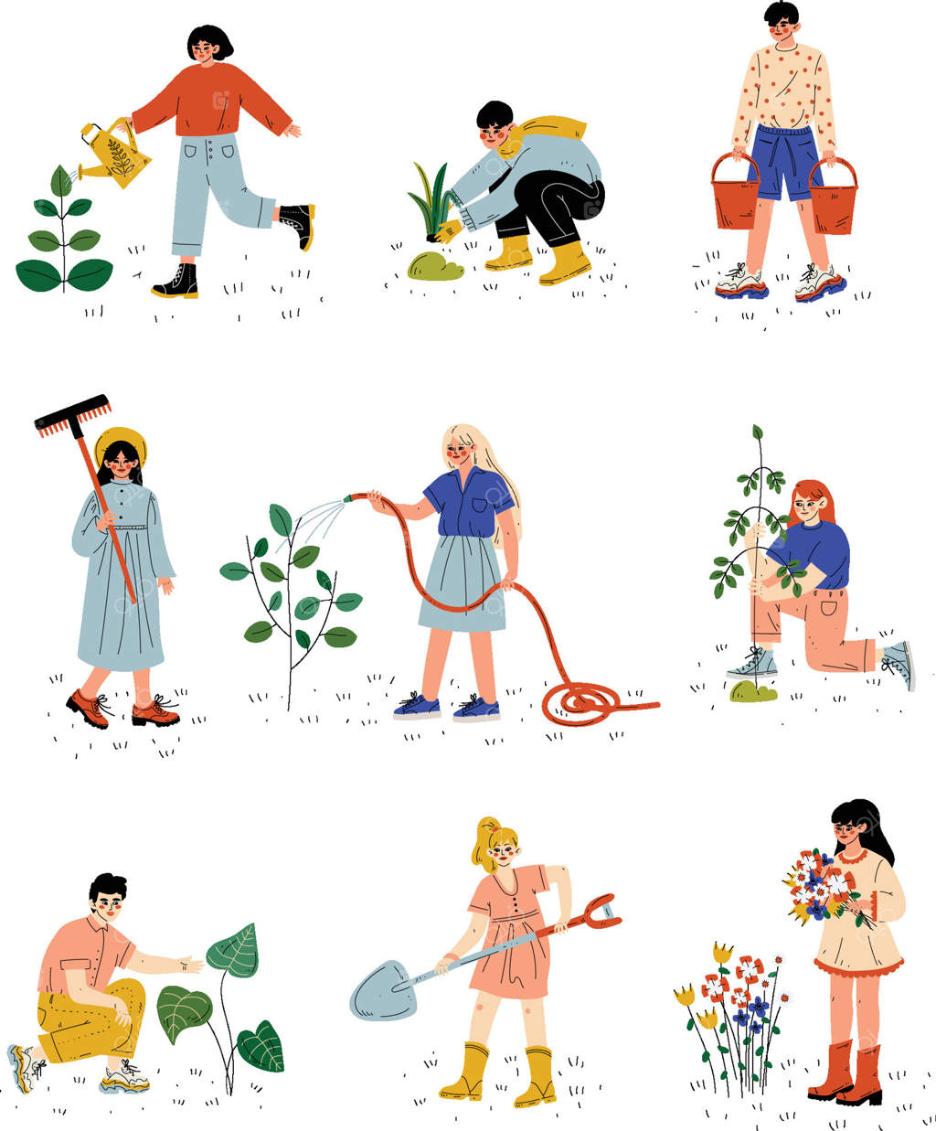 مردم در حال کار در باغ یا مزرعه، دختران و پسران در حال کاشت نشاها، آبیاری گیاهان و چیدن گل‌ها - تصویرسازی