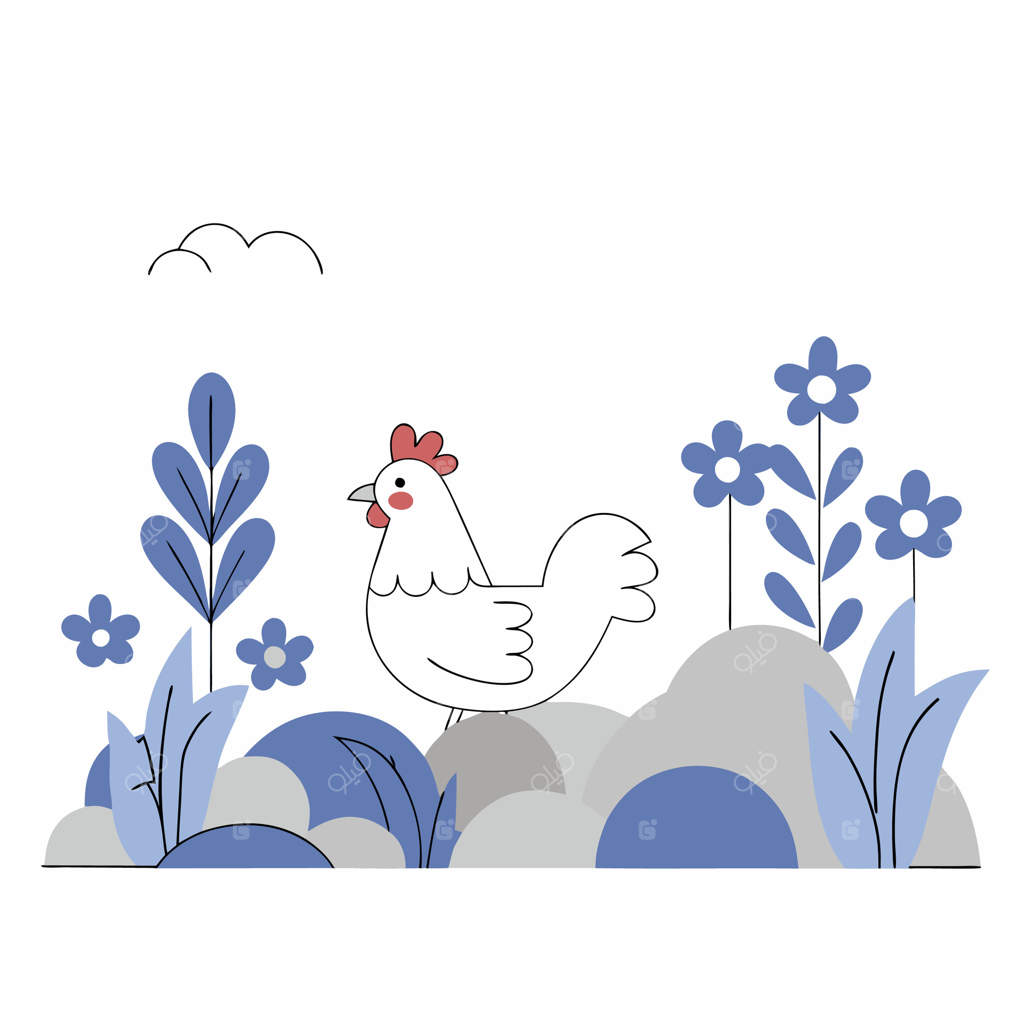 تصویر خطی ساده از مرغ سفید دوست‌داشتنی در باغ گل آبی.