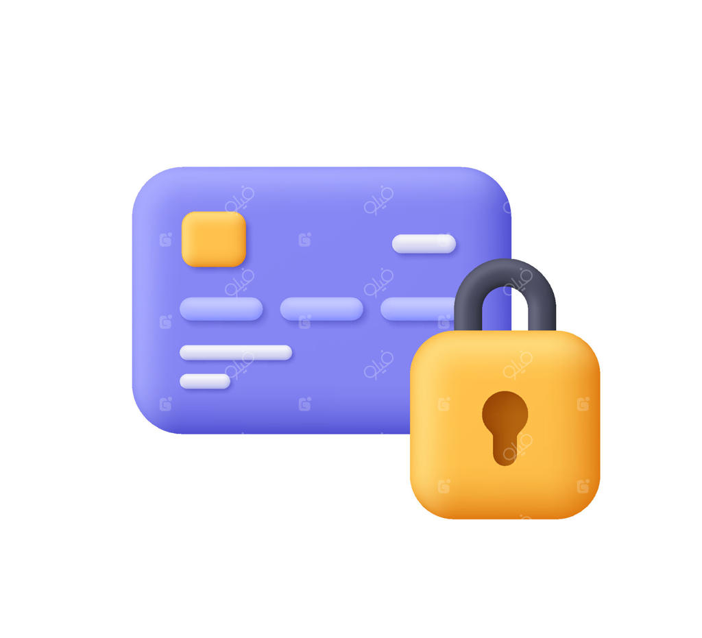 کارت اعتباری و قفل: امنیت پرداخت مالی و خدمات مالی. آیکون سه‌بعدی به سبک کارتونی.