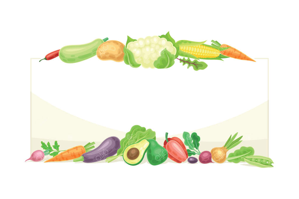 قاب مستطیل روشن با تصویر انواع سبزیجات تازه و رسیده باغچه