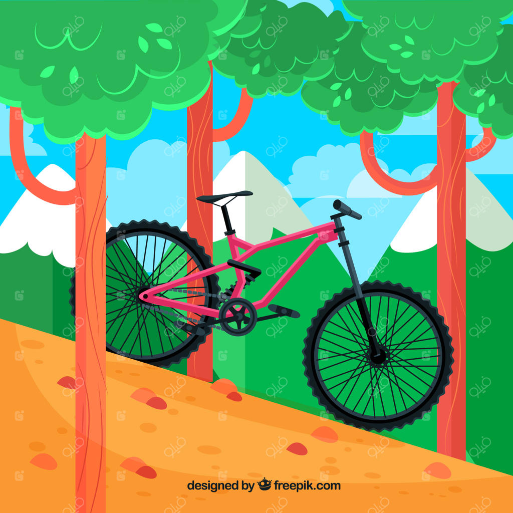 دوچرخه در جنگل با طراحی ساده و مسطح