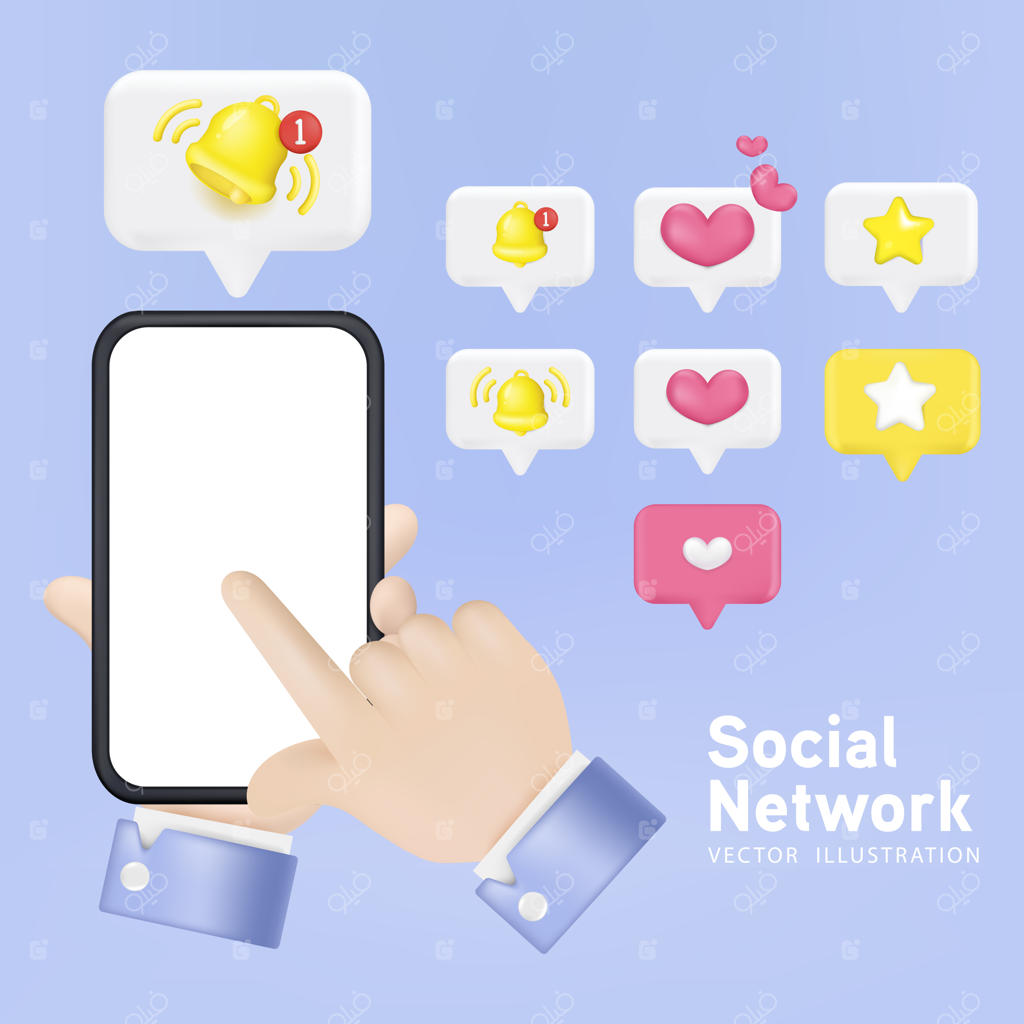 آیکون وکتور سه‌بعدی نماد اعلان شبکه‌های اجتماعی در حباب گفت‌وگو: شامل آیکون کامنت و ایموجی اشاره‌کردن.