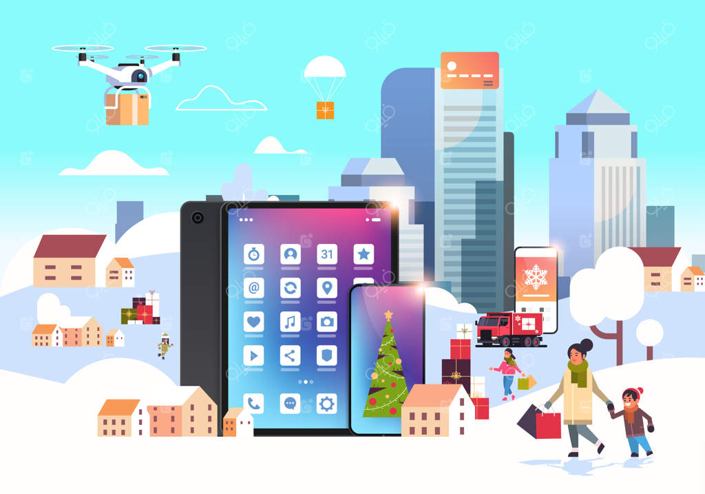 افرادی با کیسه‌ خرید در حال قدم‌ زدن و استفاده از اپلیکیشن موبایل برای آماده‌سازی تعطیلات کریسمس و سال نو در چشم‌انداز زمستانی شهر