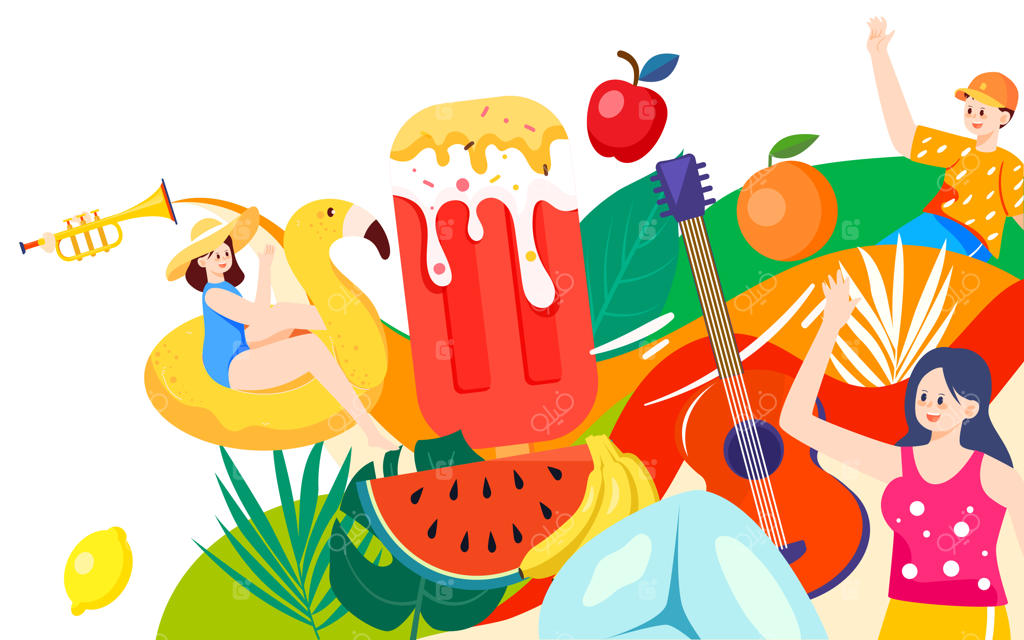 مهمانی موسیقی تابستانی با غذاهای تابستانی و بستنی برای خنکای گرما - تصویرسازی وکتور