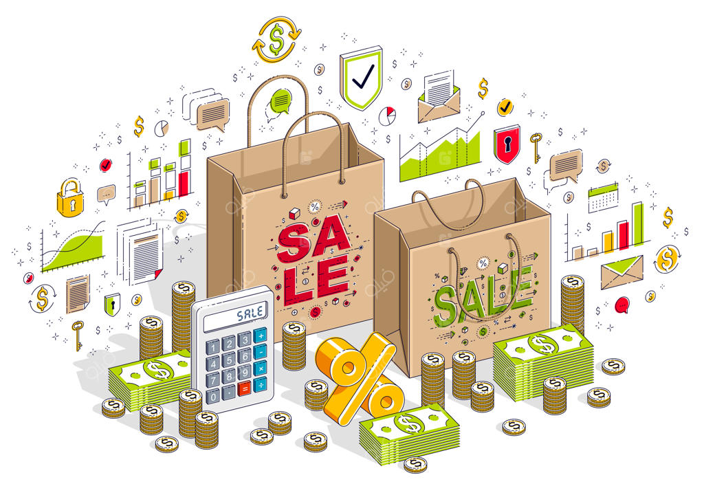 طرح فروش بزرگ: خرده‌فروشی، حراج، کیسه خرید با بسته‌های پول نقد روی زمینه سفید. تصویرسازی تجاری سه‌بعدی ایزومتریک با آیکون‌ها، نمودارهای آماری و عناصر طراحی.