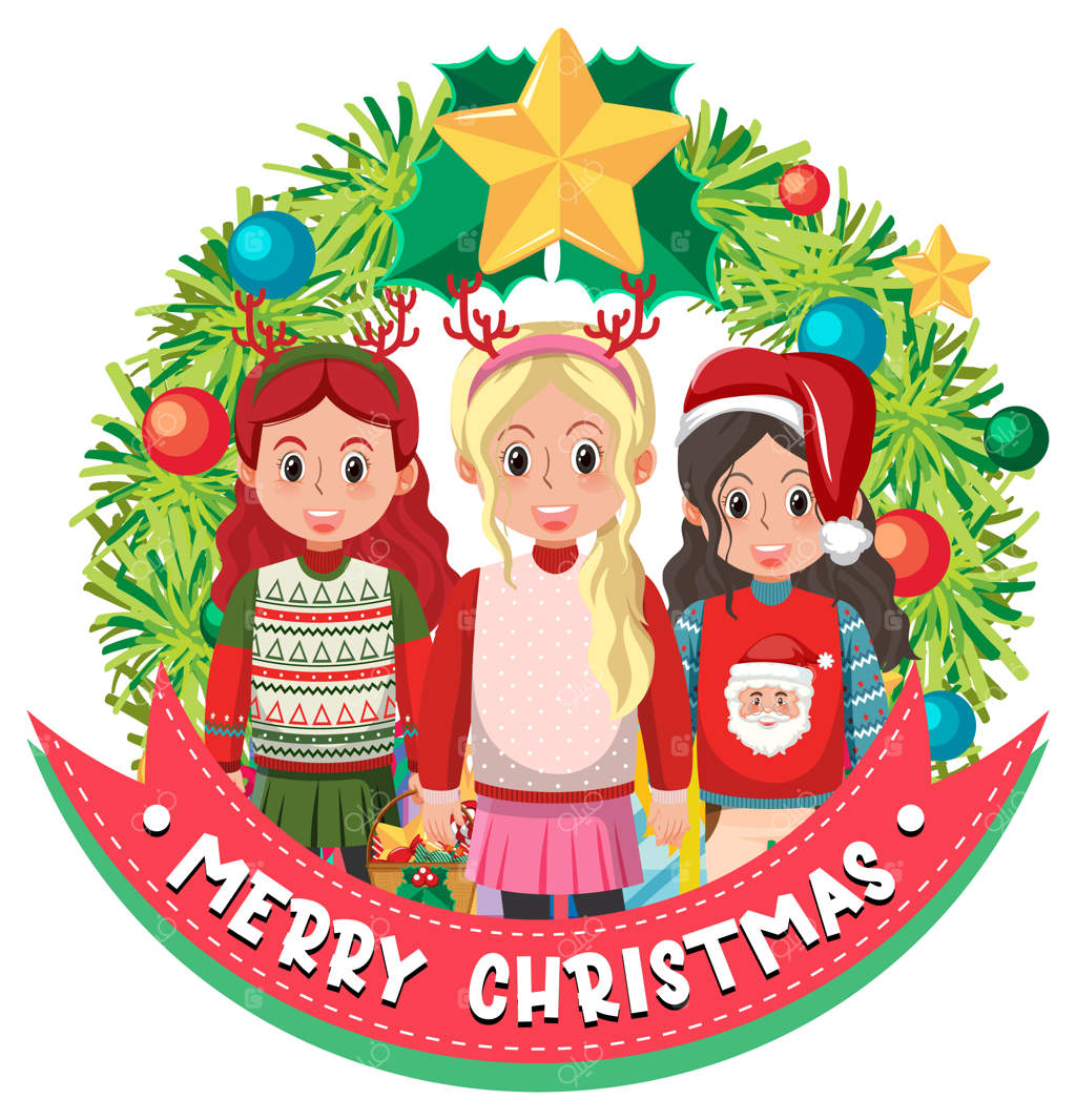 بنر تاج کریسمس با افراد در لباس های کریسمسی