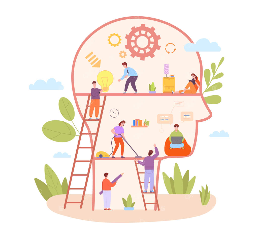 کارگاه روانشناسی شناخت خود: مفهوم بهبود ذهن و مهارت رشد شخصی برای پیشرفت فردی و ایده رضایت‌مندی در ذهن انسانی