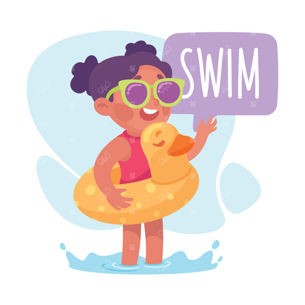 تصویرسازی شنا کردن دختربچه با تیوپ جهت آموزش لغات و افعال