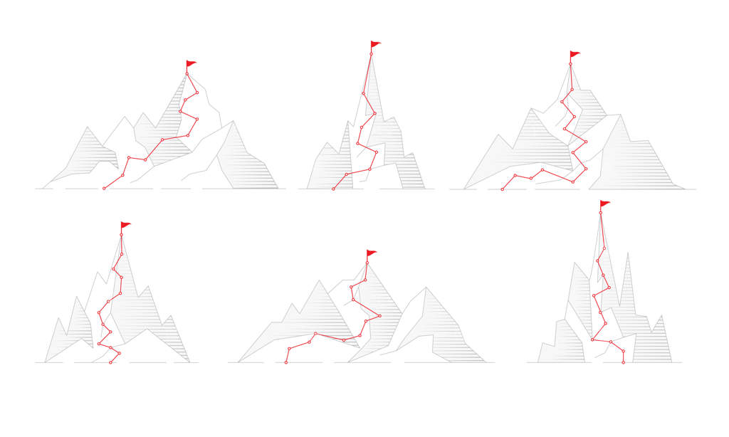 مسیر به کوه: مفهومی از فعالیت تجاری، تصاویر موفقیت‌آمیز سفر به مقصد، ماجراجویی‌های صعود به هدف، برنامه‌ریزی سفر به قله‌ها، مجموعه‌ای جدید از بردارها