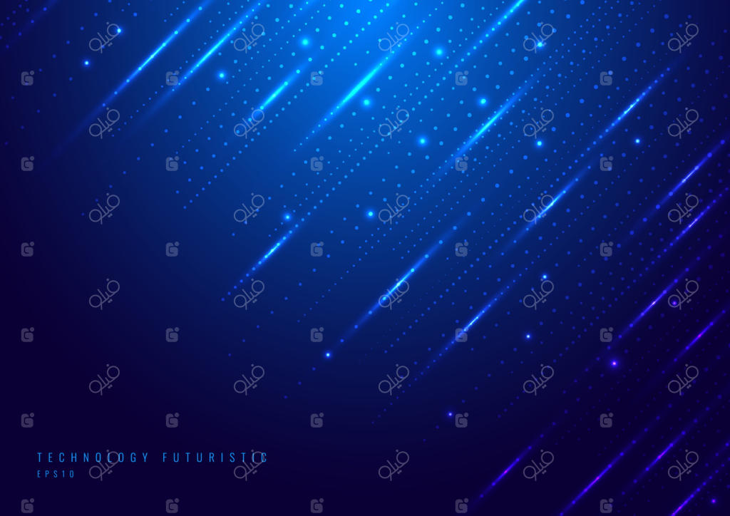 ذرات نورانی نئون با فناوری دیجیتال و جلوه‌ی آینده‌نگر در پس‌زمینه آبی