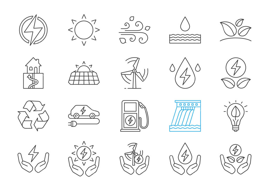 مجموعه آیکون‌های خطی منابع انرژی جایگزین؛ انرژی پاک و منابع تجدیدپذیر. انرژی آبی، خورشیدی، حرارتی و بادی. نمادهای خطی نازک و وکتورهای دورخط ایزوله با قابلیت ویرایش ضخامت خط.