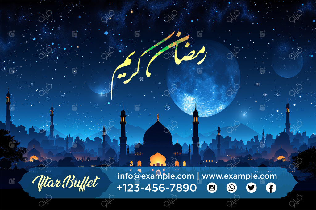 بنر بوفه افطار ماه رمضان با نقوش سنتی عربی و آویزهای تزیینی