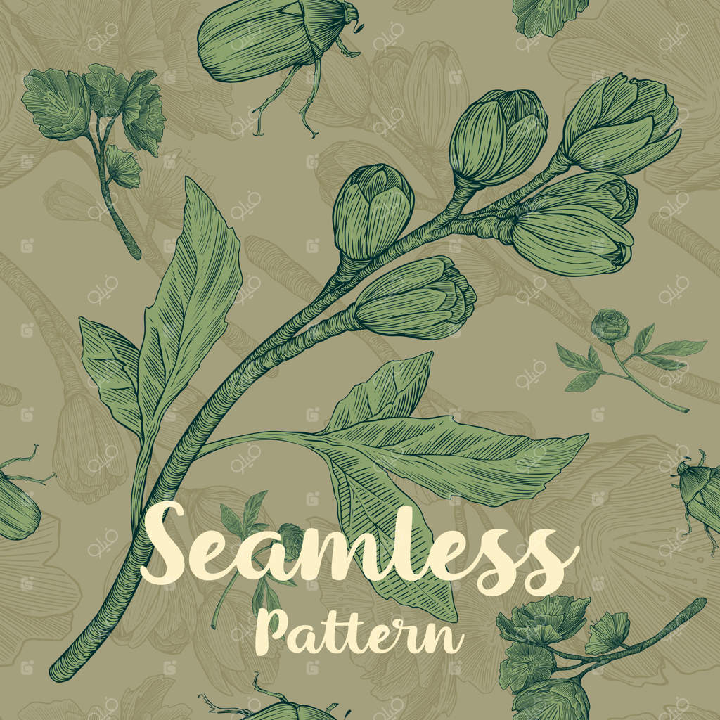 پترن گلدار مد روز با غنچه‌ها، برگ‌ها و حشرات