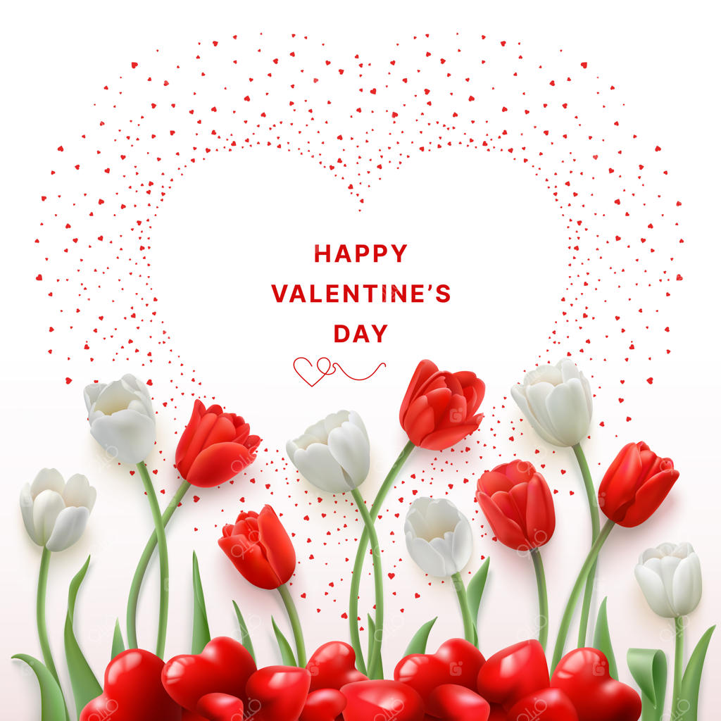 کارت تبریک روز ولنتاین با لاله‌ها و قلب‌ها