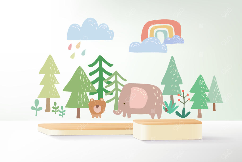 رندر سه‌بعدی، صحنه‌ی مینیمال و انتزاعی برای نمایش محصولات کودکان.