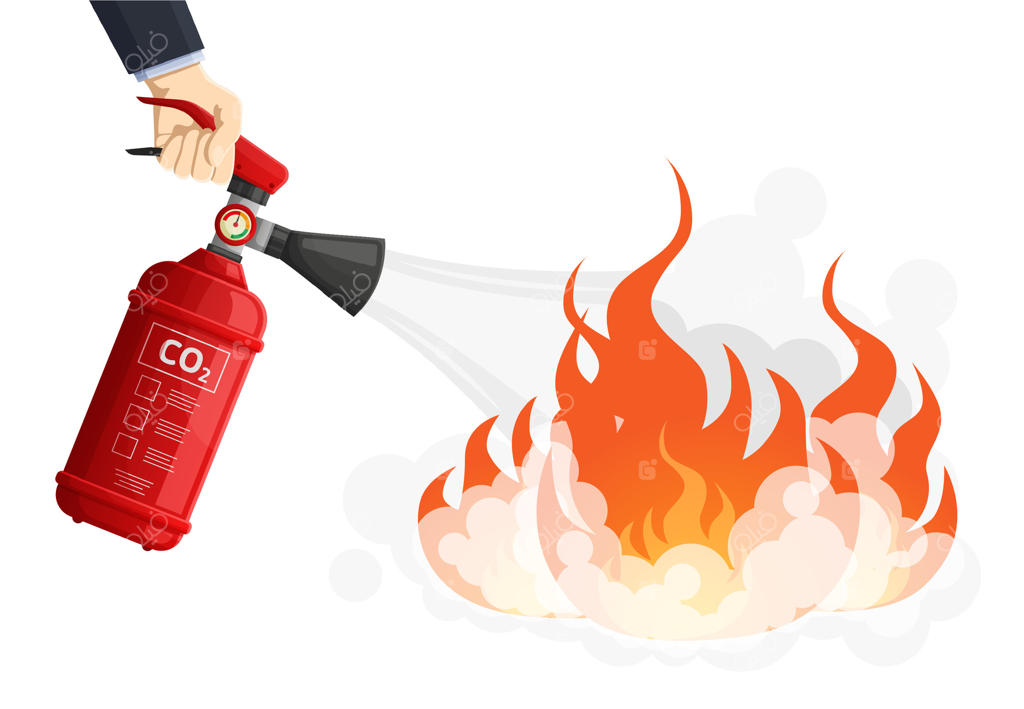 خاموش کننده آتش، کپسول آتش‌نشانی قرمز برای حفاظت از شعله. مفهوم حفاظت و مبارزه با شعله. فرآیند خاموش کردن آتش