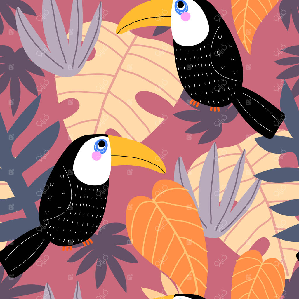 پترن تابستانی یکپارچه با توکان‌های کارتونی و برگ‌های استوایی