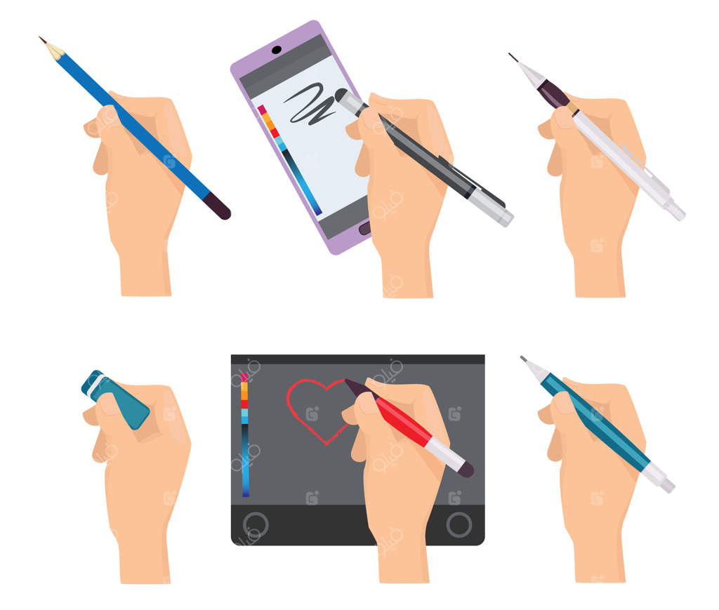 دست‌ها قلم به دست. مجموعه کارتونی نوشت‌افزارها شامل قلم‌ها، مارکرها، ابزارهای نویسندگی. تبلت نقاشی، مداد و طرح‌ها