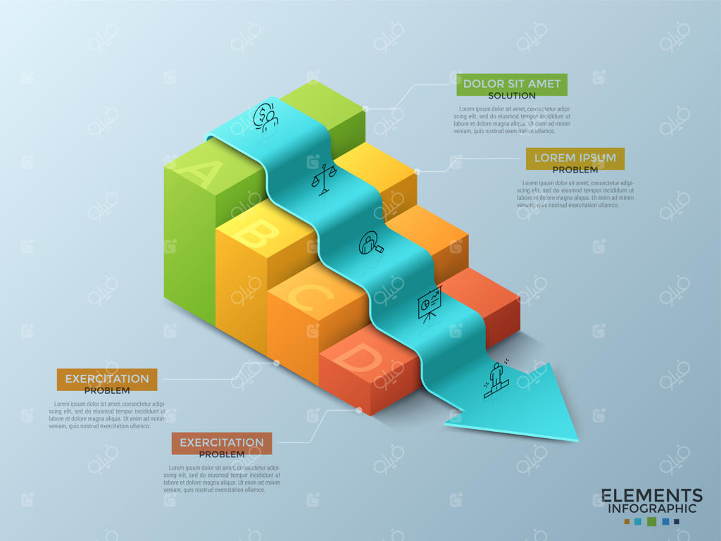 پیکان به‌سمت پایین یا موازی با ۴ پله ایزومتریک رنگارنگ، آیکون‌های خطی و جعبه‌متن‌ها. مفهوم کاهش مشکلات کسب‌وکار. قالب طراحی اینفوگرافیک خلاقانه. تصویر برداری.