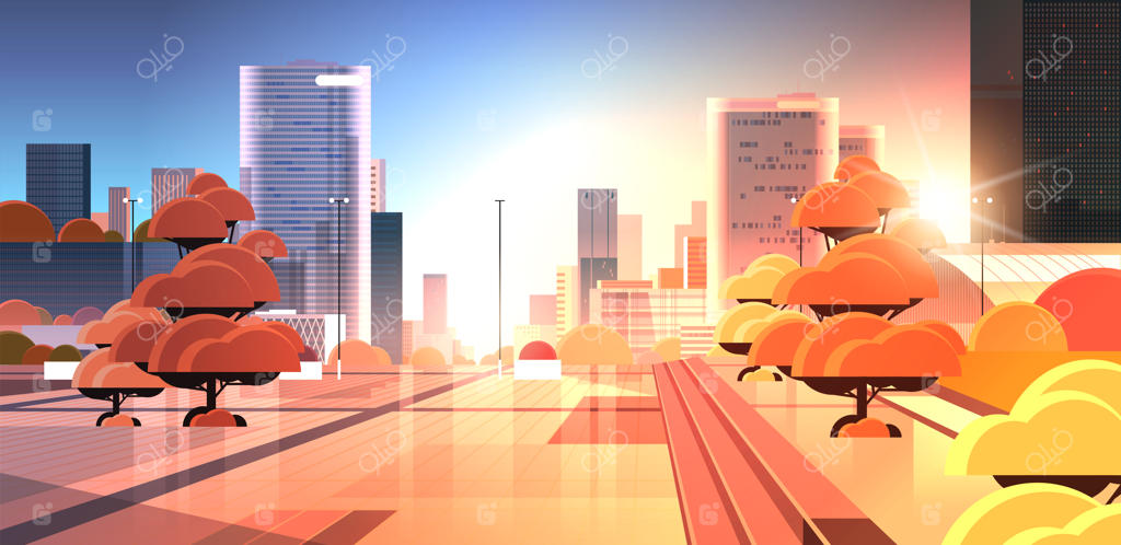 خیابان خالی مرکز شهر در غروب بدون افراد و ماشین‌ها، منظره مدرن شهری