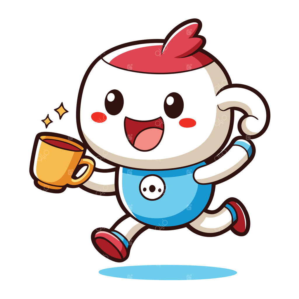 شخصیت کارتونی در حال دویدن با یک فنجان قهوه روی پس‌زمینه سفید