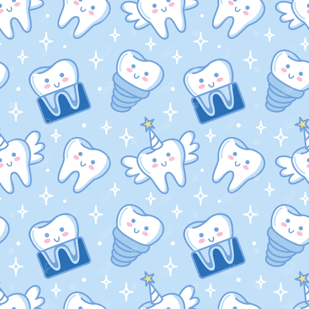 الگوی دندان بامزه و جذاب، طراحی‌شده برای تم‌های دندانپزشکی؛ مناسب برای پارچه، کاغذ دیواری و پس‌زمینه (سبک کاوایی)