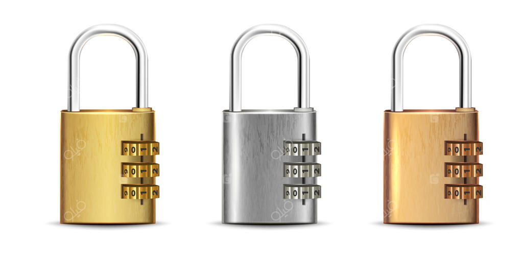 مجموعه‌ای از قفل‌های مربع طلایی، نقره‌ای و برنزی