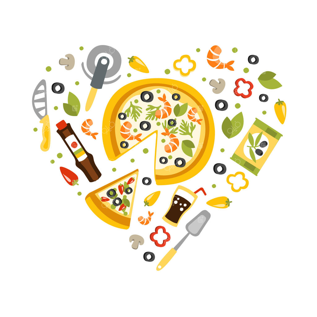 قالب بنر پیتزا، مواد تشکیل‌دهنده غذای سنتی ایتالیایی، خوراکی‌ها و نوشیدنی‌های به شکل قلب، منوی غذایی، طراحی رستوران و کافه، عنصر بنر، فلایر و کارت ایلوستراسیون