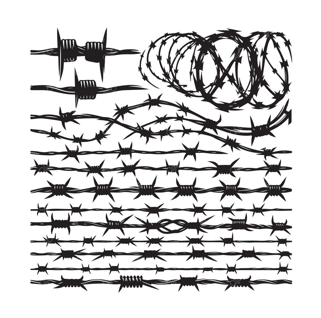 مجموعه سیم خاردار بر روی پس‌زمینه سفید. سیم خاردار در سبک هندسی و مینیمال. مجموعه حصار زندان خشن. مناسب برای طراحی وب.