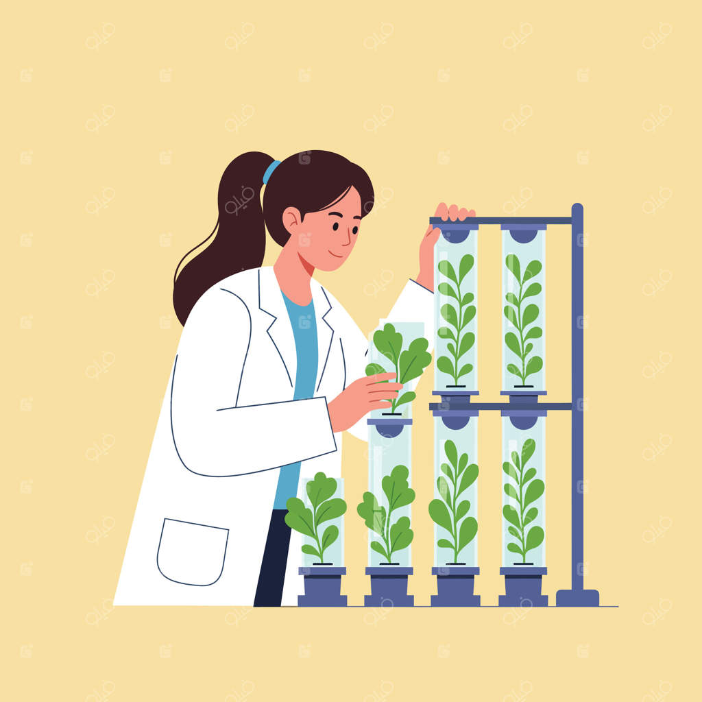 دانشمند زن در حال بررسی گیاهان با استفاده از باغ هیدروپونیک عمودی برای تحقیقات و رشد گیاهان