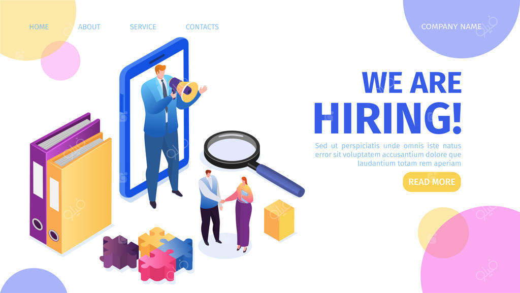 استخدام، جذب نیرو، حرفه و فرصت های شغلی - صفحه فرود با تصویرسازی. مصاحبه شغلی، آژانس استخدام، مدیر منابع انسانی با بلندگو برای جذب کارمندان.