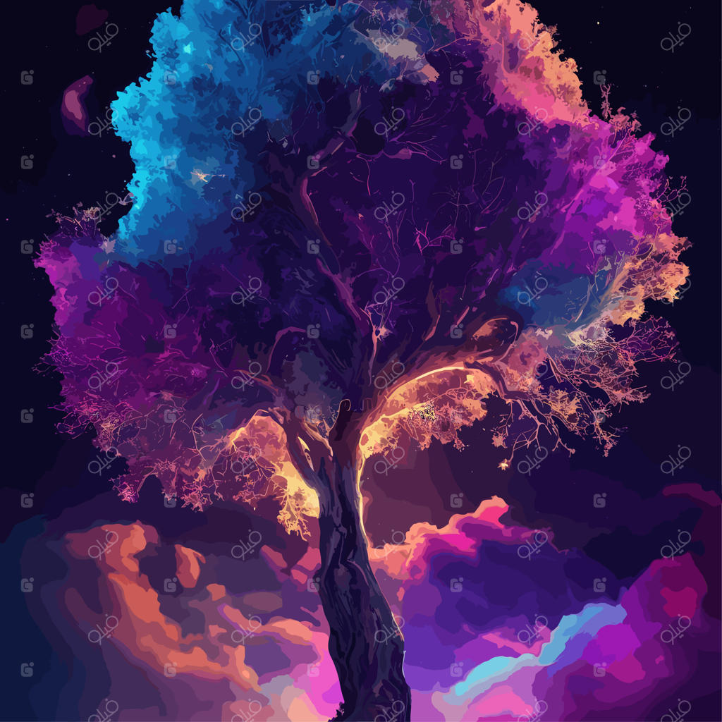 طرح وکتور درخت جادویی رنگارنگ