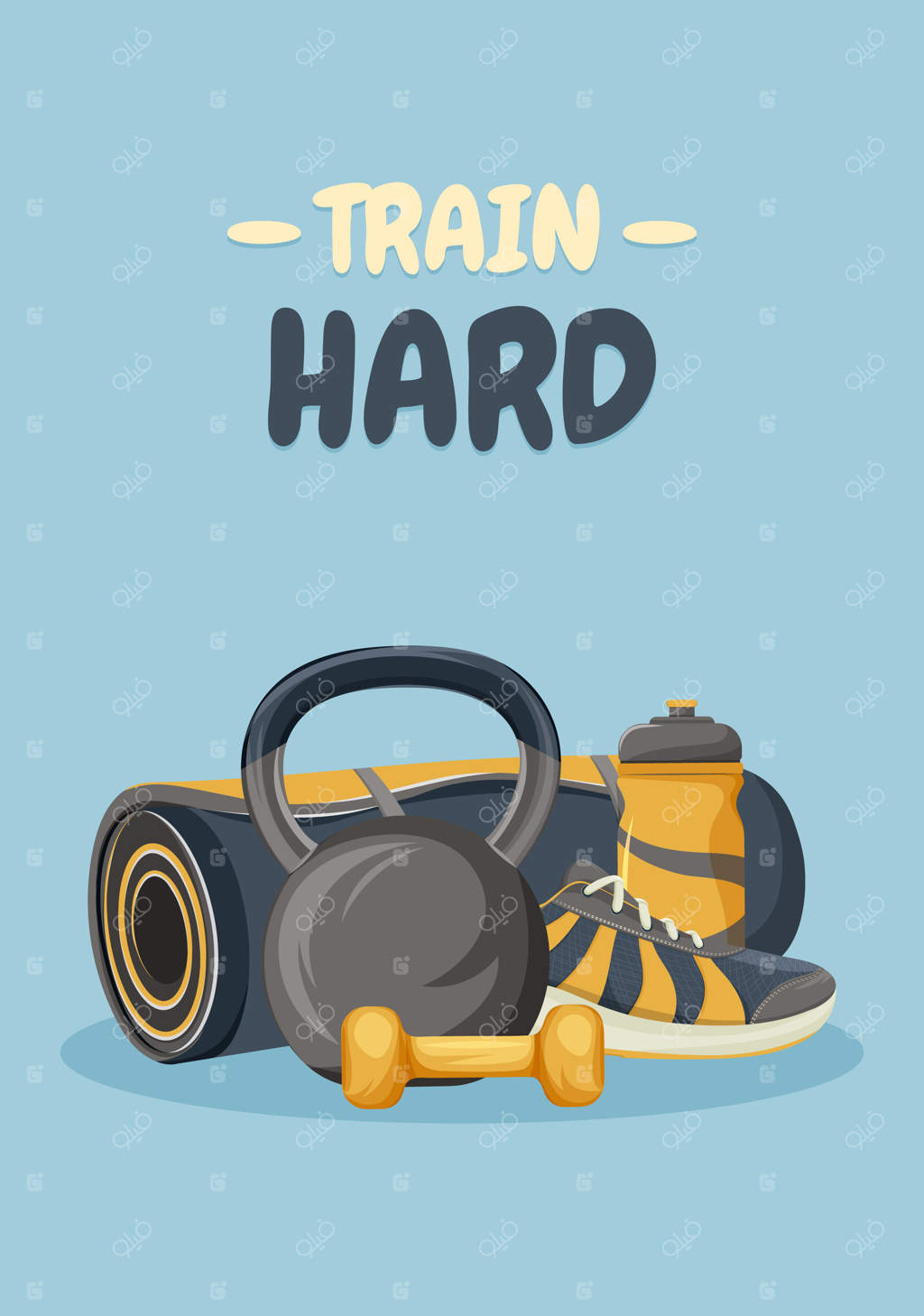پوستر تناسب اندام با متن سخت تمرین کن و همراه با تشک، دمبل، کتل‌بل، بطری و کفش ورزشی