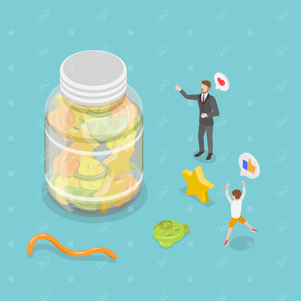 تصویر مفهومی ایزومتریک سه‌بعدی از ویتامین‌های ژله‌ای و آب‌نبات‌های خوشمزه در اشکال مختلف