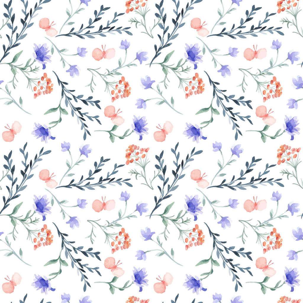 طرح بی‌انتهای برگ‌دار با گل‌های آبرنگی و پروانه‌های صورتی. گل‌ها و گیاهان انتزاعی ساده، دست‌کشیده روی زمینه‌ی تکراری. طراحی الگوی گل‌دار برای منسوجات خانگی