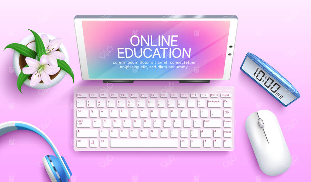 طراحی مفهومی آموزش مجازی: آموزش آنلاین با کیبورد لپ‌تاپ و هدفون‌ها