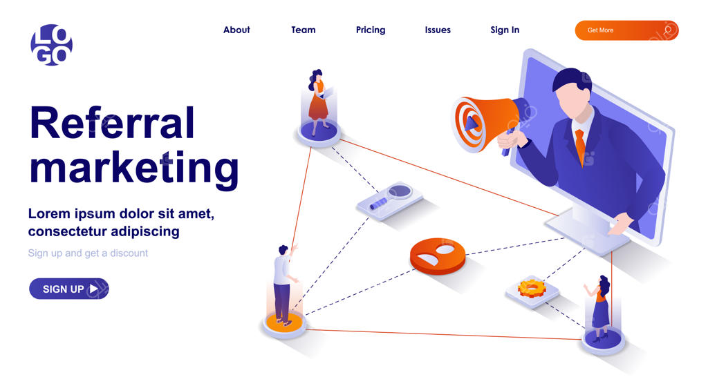 صفحه فرود سه‌بعدی و ایزومتریک بازاریابی ارجاعی با شخصیت‌های انسانی