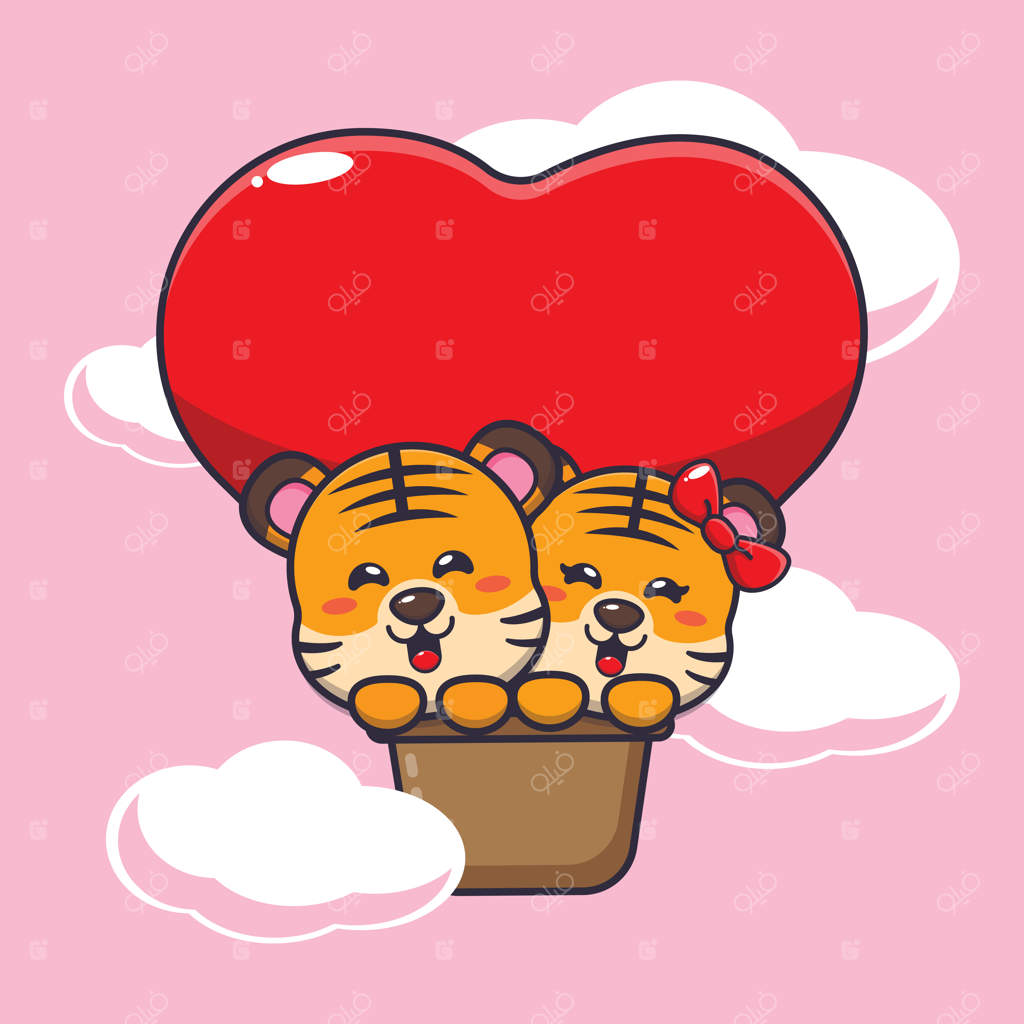 شخصیت کارتونی ببر ناز با بالون هوایی در روز ولنتاین پرواز می‌کند.