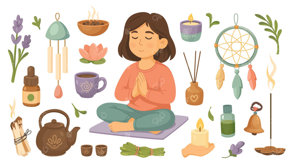 مجموعه طراحی کارتونی مسطح: عناصر مجزا از زن در حال نشستن در حالت لوتوس، شاخه‌های اسطوخودوس، گل‌ها، بادزنگ، رویاباف، ابزارهای رایحه‌درمانی و بیشتر. تصویرسازی.