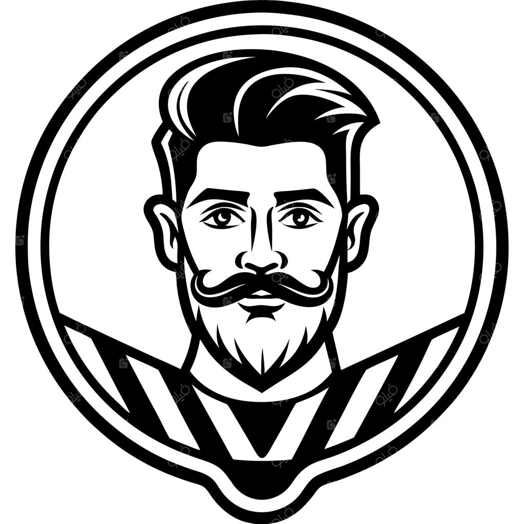 لوگوی سیاه و سفید آرایشگاه با خطوط ضخیم مشکی و زمینه سفید به سبک کلاسیک،