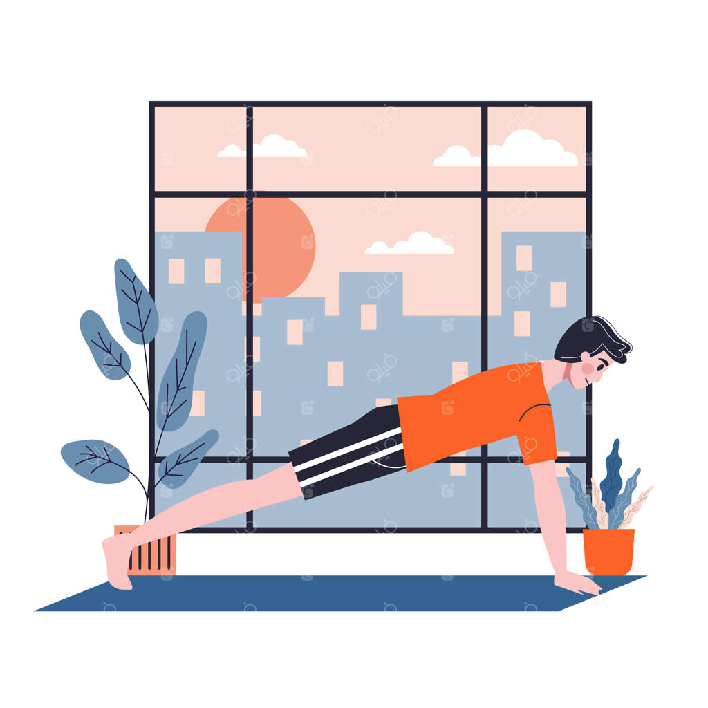 انجام تمرینات ورزشی برای تقویت عضلات بازو و سینه توسط مرد. تمرینات ورزشی به سبک کارتون.