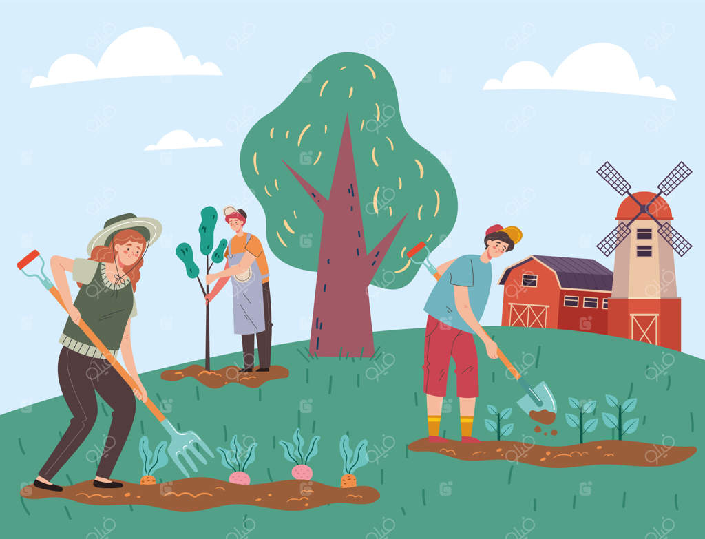 شخصیت‌های کشاورزی در حال کار در باغ و پرورش گیاهان - عنصر گرافیکی و تصویرسازی