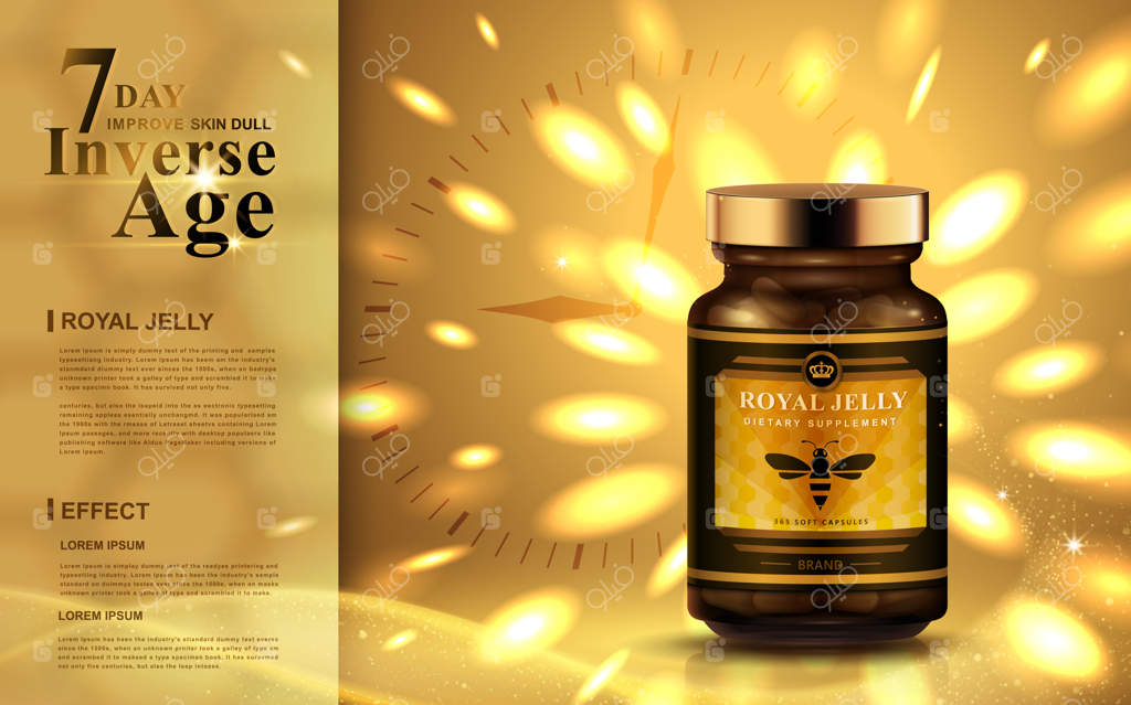 تبلیغ ژل رویال با نورهای طلایی درخشان و پس‌زمینه ساعتی