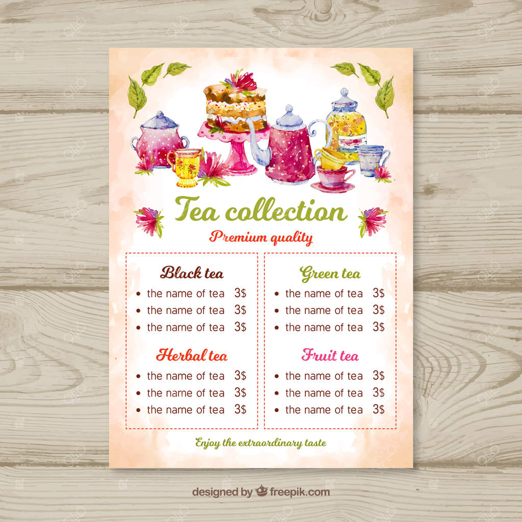 قالب منوی چای با طرح آبرنگی