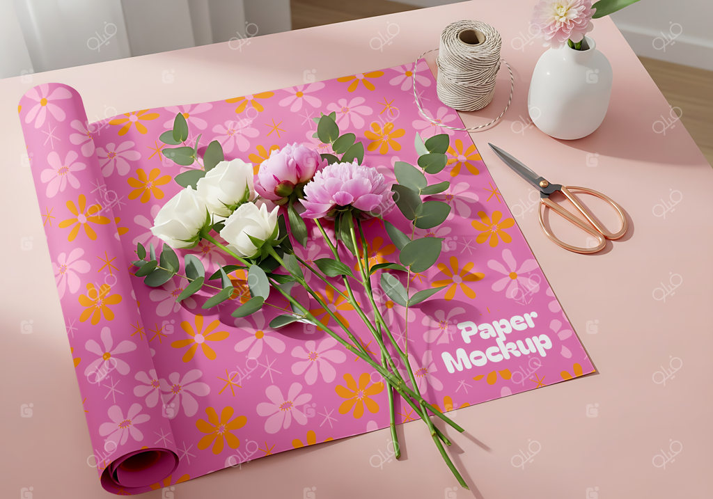 موکاپ رول کاغذ گل‌دار با گل و تزئینات روی میز صورتی